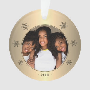 Modern Metallic Golden Snowflake Family Photo Ornament