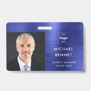 Modern Metallic Navy Blue Company Photo ID Badge