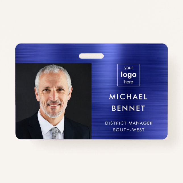 Modern Metallic Navy Blue Company Photo ID  Badge (Front)