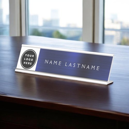 Modern Metallic Navy Blue Name Job Title Desk Name Plate