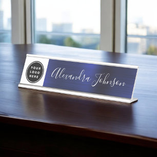 Modern Metallic Navy Blue Name Job Title Desk Plate