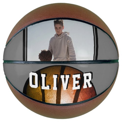 Modern Metallic Orange Name Photo Basketball