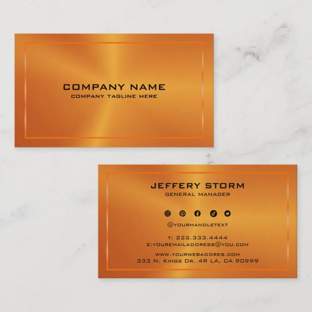 Modern Metallic Orange Texture Black Typography Business Card (Front/Back)