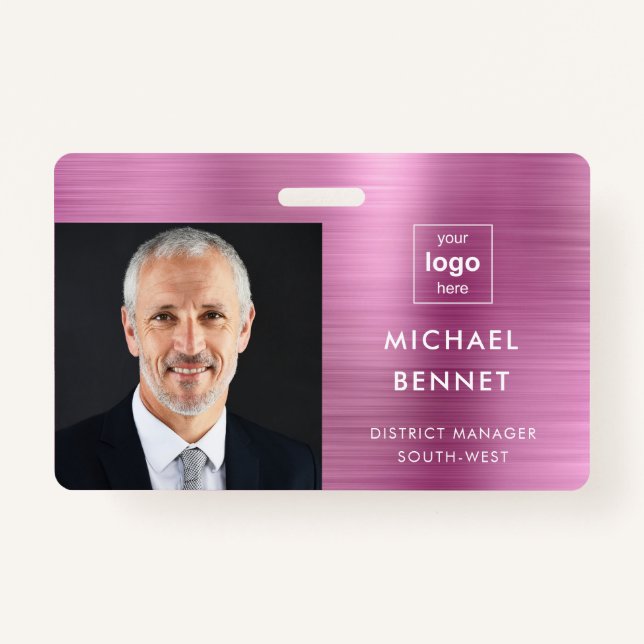 Modern Metallic Pink Company Photo ID  Badge (Front)