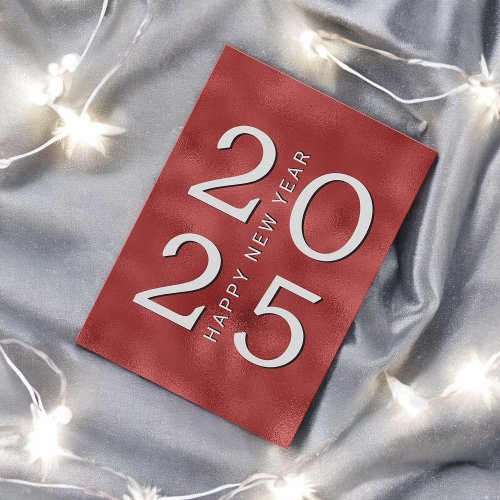 Modern Metallic Red and Silver Happy Year Holiday Card