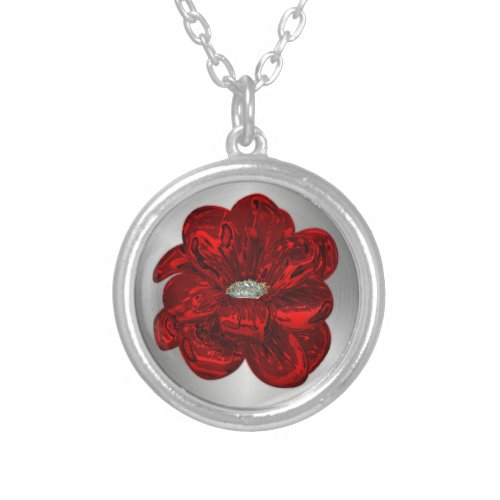 Modern Metallic Red Poppy Silver Plated Necklace
