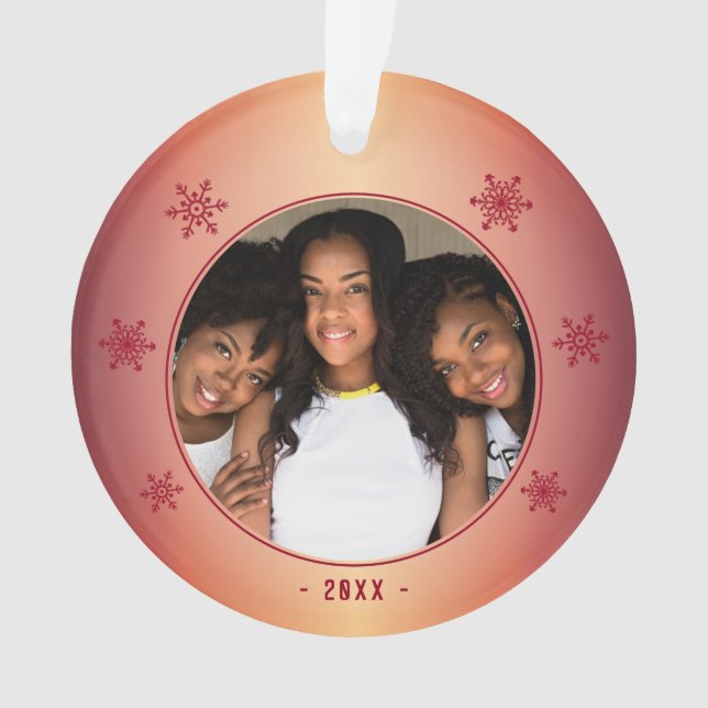 Modern Metallic Red Snowflake Family Photo Ornament (Front)