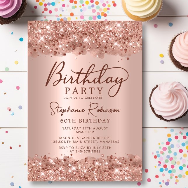 Modern Metallic Rose Gold Glitter 60th Birthday Invitation (Creator Uploaded)