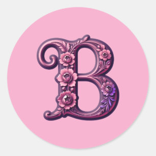Modern Metallic Rosemaling Letter B, Pink/Purple Classic Round Sticker
