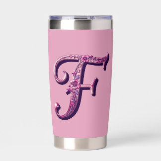 Modern Metallic Rosemaling Letter F, Pink/Purple Insulated Tumbler