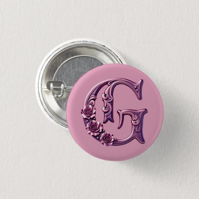 Modern Metallic Rosemaling Letter G, Pink/Purple Button (Front & Back)