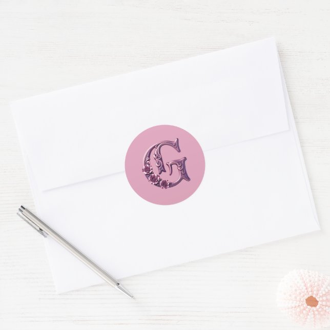 Modern Metallic Rosemaling Letter G, Pink/Purple Classic Round Sticker (Envelope)