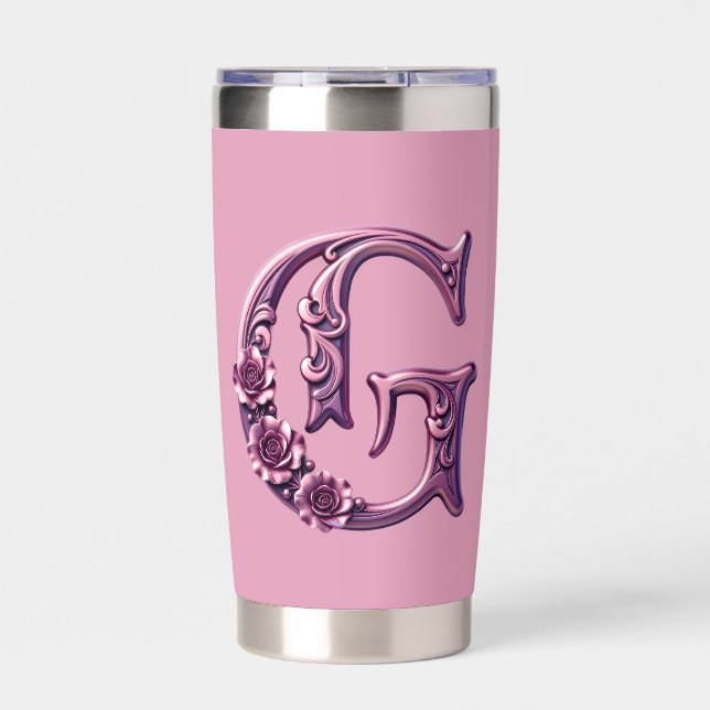 Modern Metallic Rosemaling Letter G, Pink/Purple Insulated Tumbler (Front)