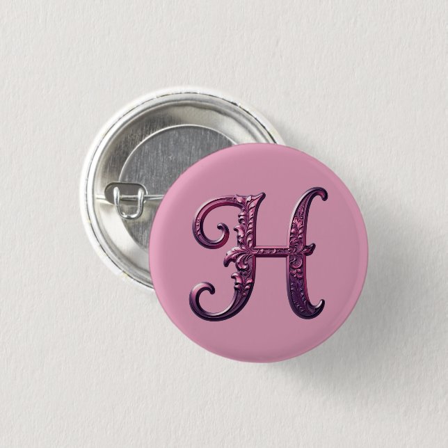 Modern Metallic Rosemaling Letter H, Pink/Purple Button (Front & Back)