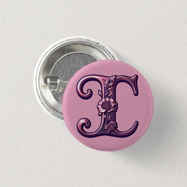 Modern Metallic Rosemaling Letter I, Pink/Purple Button (Front & Back)