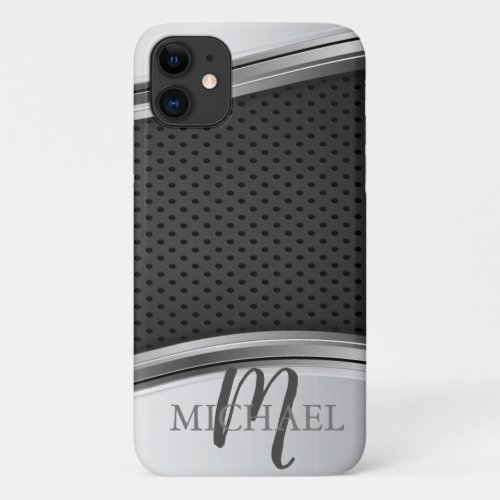 Modern Metallic Silver Black Monogram iPhone 11 Case