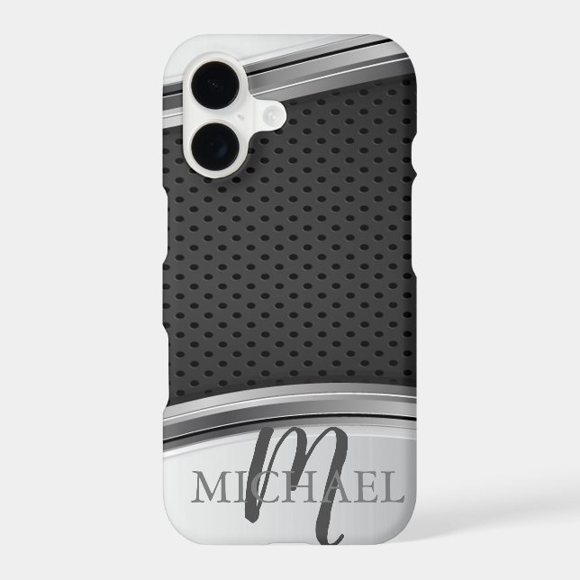 Modern Metallic Silver Black Monogram Iphone Case (Back)