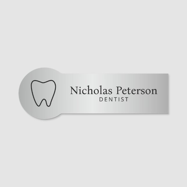 Modern Metallic Silver Tooth Dentist Dental Clinic Name Tag (Front)
