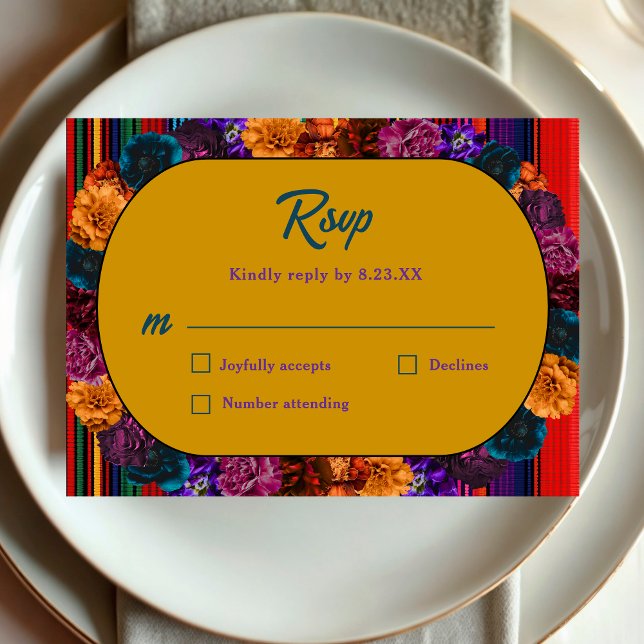 Modern Mexican flowers yellow wedding RSVP Card (Creator Uploaded)