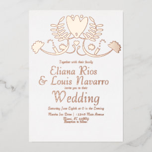 Modern Mexican Folk Floral Heart Wedding Pressed   Foil Invitation