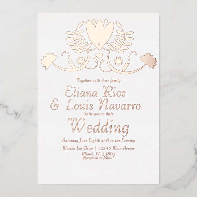 Modern Mexican Folk Floral Heart Wedding Pressed   Foil Invitation (Front)