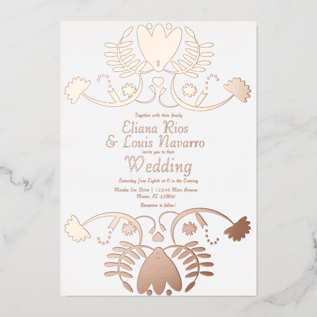 Modern Mexican Folk Floral Wedding Pressed Foil Invitation (Front)