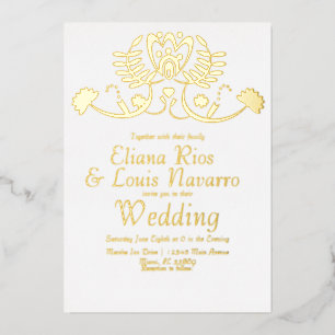 Modern Mexican Folk Florals Wedding Pressed Foil Invitation