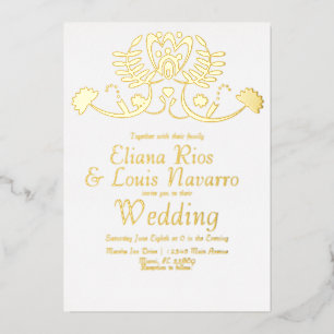 Modern Mexican Folk Florals Wedding Pressed   Foil Invitation