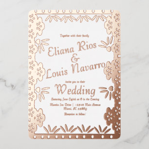 Modern Mexican Papel Picado Gold Wedding Pressed Foil Invitation