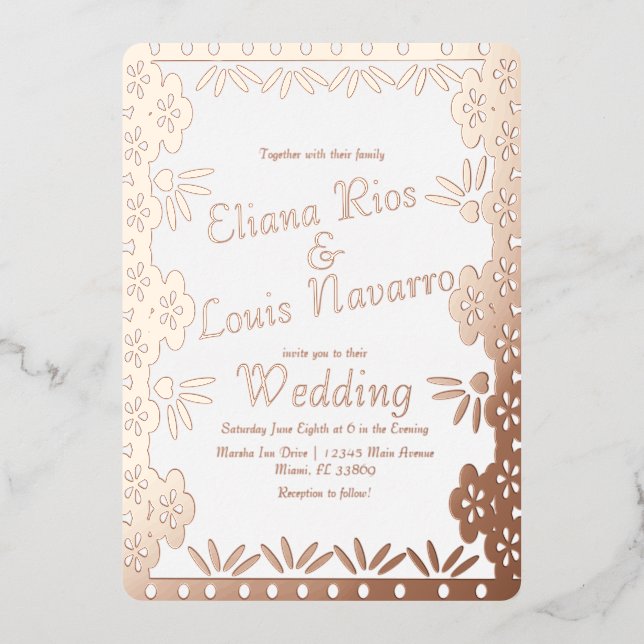 Modern Mexican Papel Picado Gold Wedding Pressed Foil Invitation (Front)