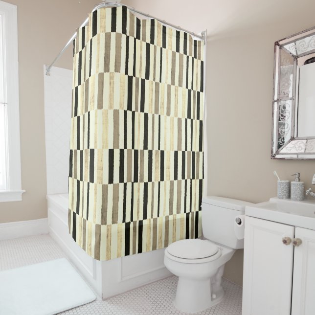 Modern Mid Century Abstract  Beige Stripe Pattern Shower Curtain (In Situ)