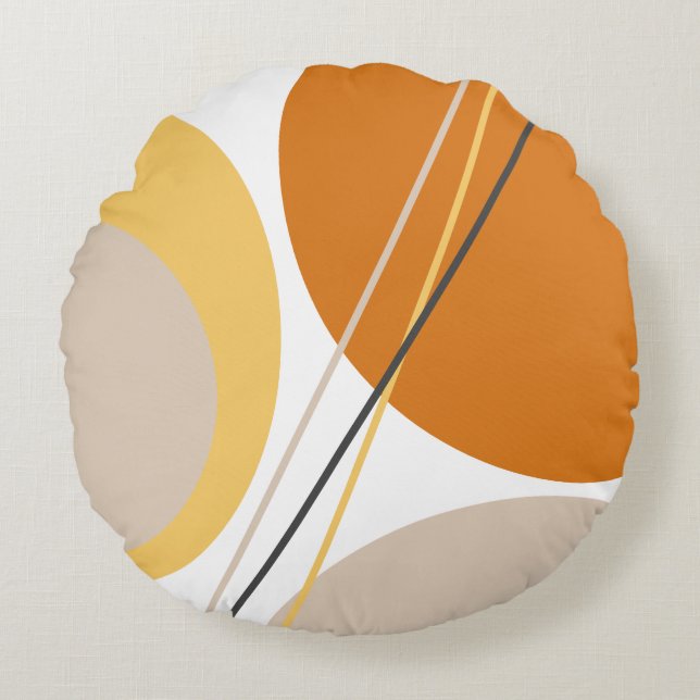 Modern Mid Century Abstract Mustard Rust Brown Round Pillow (Front)
