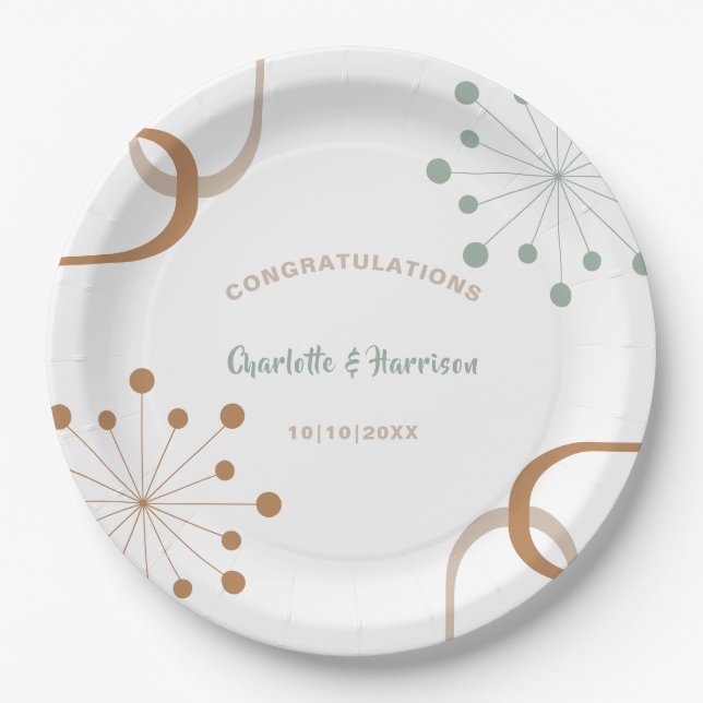 Modern Mid Century Atomic Starburst Wedding  Paper Plates (Front)