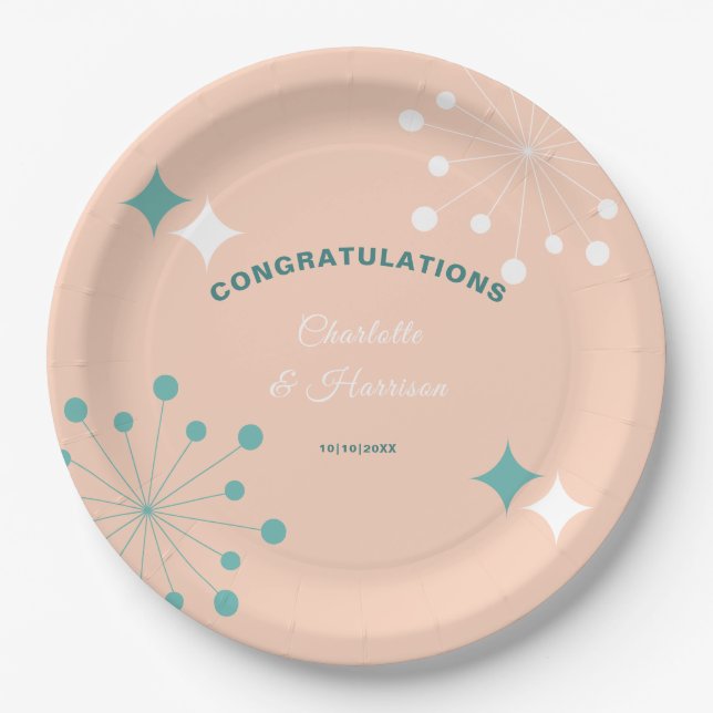 Modern Mid Century Atomic Starburst Wedding Round  Paper Plates (Front)