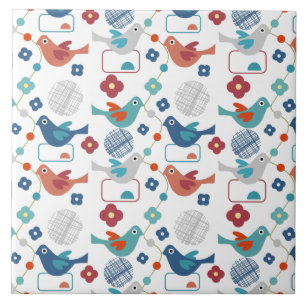Modern Mid Century Birds Flowers Cute Pattern Ceramic Tile