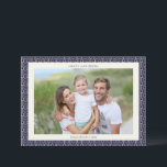 Modern Mid Century Blue Geometric Hanukkah Photo Holiday Card<br><div class="desc">This modern Hanukkah design features a navy blue geometric border with a subtle mid-century vibe and clean typography. The layout highlights a family photo in a simple horizontal orientation,  perfect for sending warm wishes during the Festival of Lights. Personalize the message on the back to make it uniquely yours.</div>