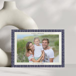 Modern Mid Century Blue Geometric Hanukkah Photo Holiday Card<br><div class="desc">This modern Hanukkah design features a navy blue geometric border with a subtle mid-century vibe and clean typography. The layout highlights a family photo in a simple horizontal orientation,  perfect for sending warm wishes during the Festival of Lights. Personalize the message on the back to make it uniquely yours.</div>