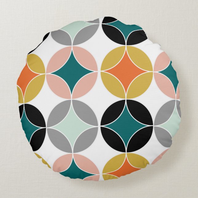 Modern Mid Century Circles Geometric Pattern Round Pillow (Back)
