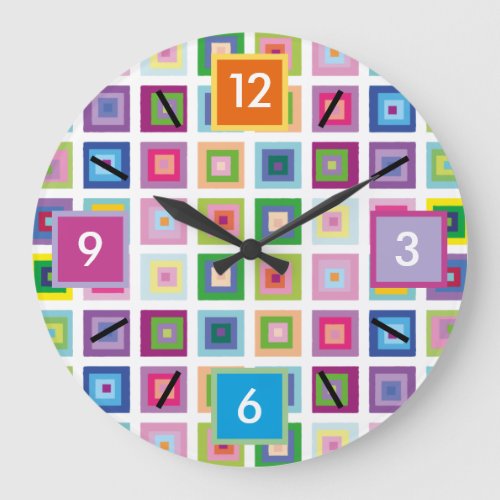 Modern Mid Century Colorful Squares Pattern Large Clock