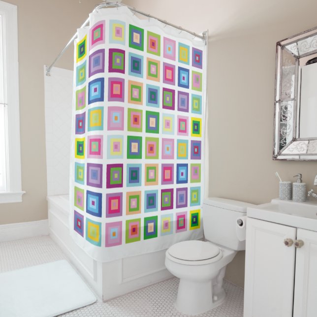 Modern Mid Century Colorful Squares Pattern Shower Curtain (In Situ)