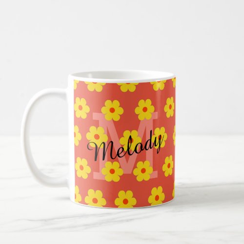 modern mid century cute retro floral initial coffee mug