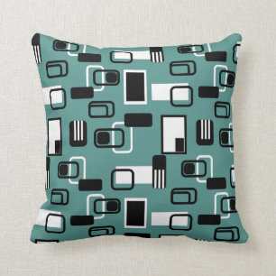 Modern Mid Century Geometric Teal Black Retro Throw Pillow