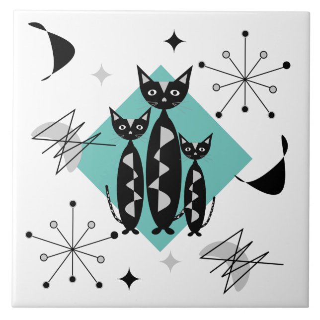 Modern Mid Century Retro Cats Cute Pattern Ceramic Tile (Front)