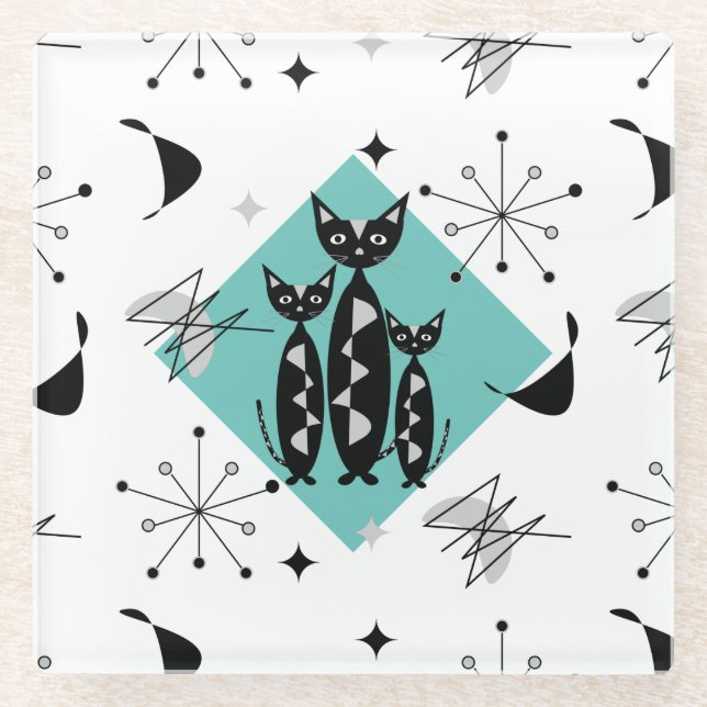 Modern Mid Century Retro Cats Cute Pattern Glass Coaster (Front)