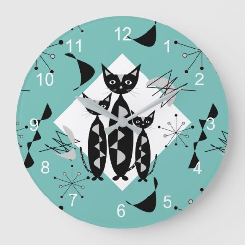 Modern Mid Century Retro Cats Cute Pattern Square  Large Clock