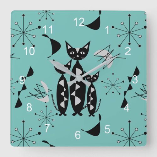 Modern Mid Century Retro Cats Cute Pattern Square Wall Clock