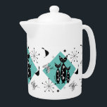 Modern Mid Century Retro Cats Cute Pattern Teapot<br><div class="desc">A super cute pattern of black cats,  atomic starbursts and abstract shapes inspired by retro mid century designs in on lovely tones of teal,  blue,  black,  white and grey.</div>