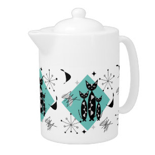 Modern Mid Century Retro Cats Cute Pattern Teapot