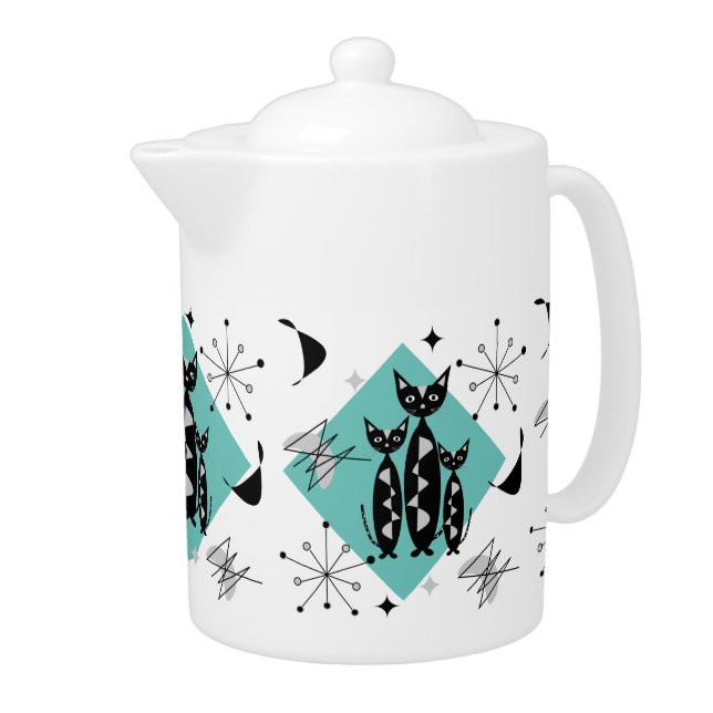 Modern Mid Century Retro Cats Cute Pattern Teapot (Right)