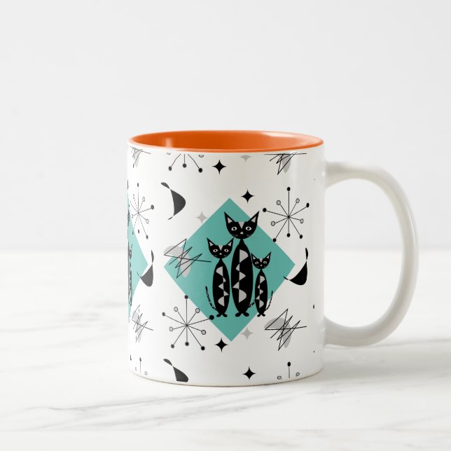 Modern Mid Century Retro Cats Cute Pattern Two-Tone Coffee Mug (Right)